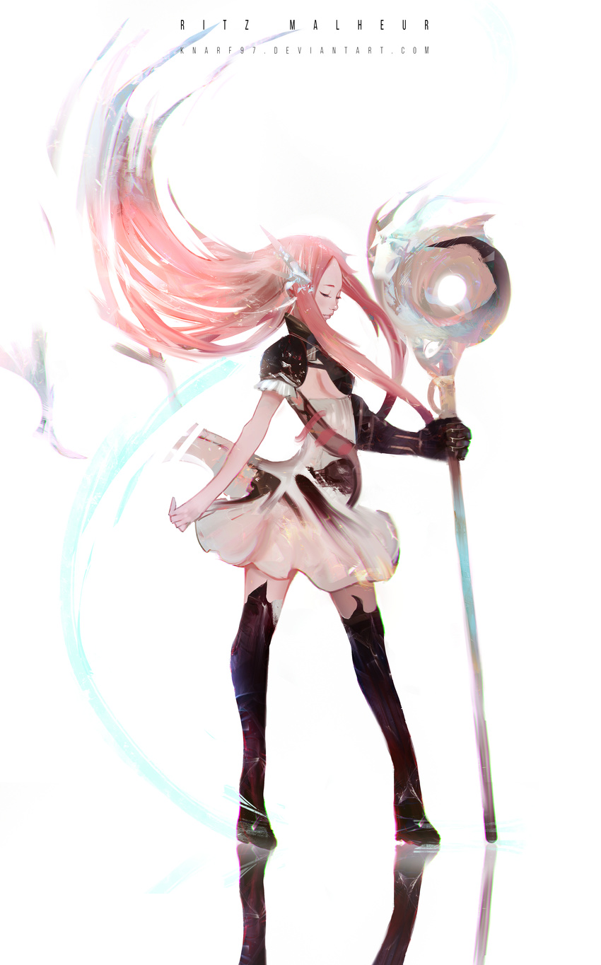 absurdres artist_name black_footwear black_gloves boots breasts character_name chromatic_aberration closed_eyes closed_mouth deviantart_username final_fantasy final_fantasy_tactics final_fantasy_tactics_advance forehead frank_liu full_body gloves highres legs_apart lips long_hair medium_breasts no_bangs nose pink_hair profile reflection ritz_malheur sideboob simple_background single_glove solo standing thigh_boots thighhighs very_long_hair watermark web_address white_background zettai_ryouiki