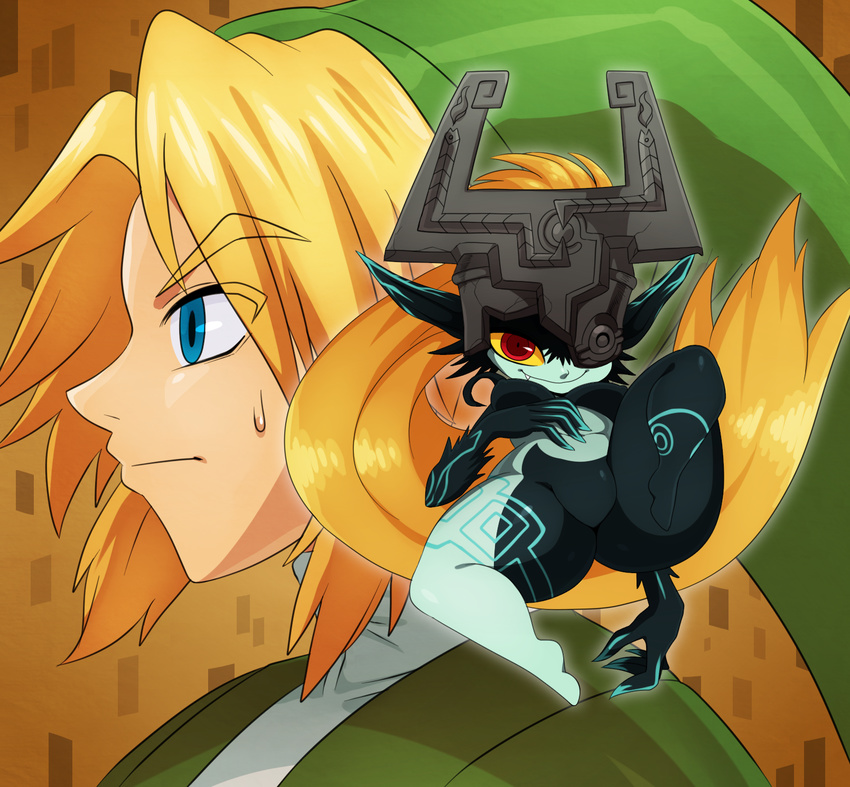 armor blonde_hair blue_eyes breasts duo featureless_breasts featureless_crotch female hair hat helmet humanoid hylian link midna nintendo not_furry orange_hair red_eyes smile sssonic2 sweat sweatdrop the_legend_of_zelda twili twilight_princess video_games yellow_sclera