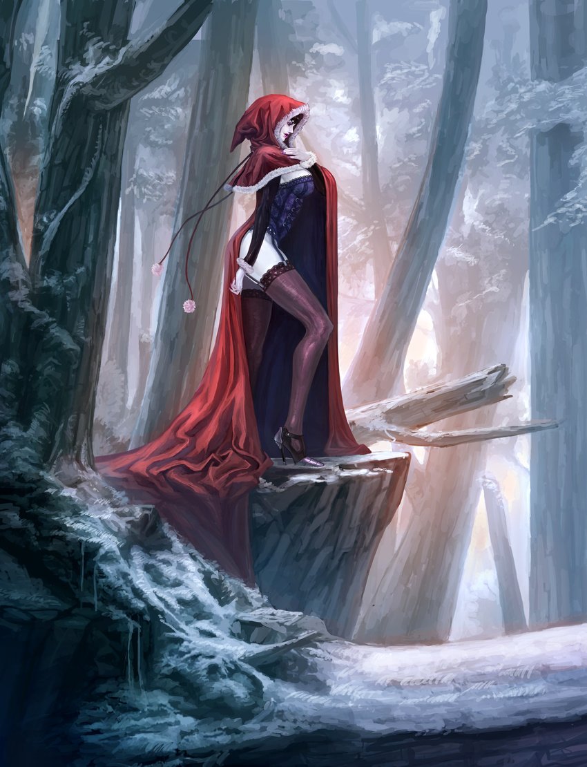 absurdres breasts cloak corset forest frilled_legwear frills from_side fur_trim garter_straps high_heels highres hood hooded_cloak large_breasts nature open_clothes original parted_lips pom_pom_(clothes) snow solo standing thighhighs tiewan tree white_skin