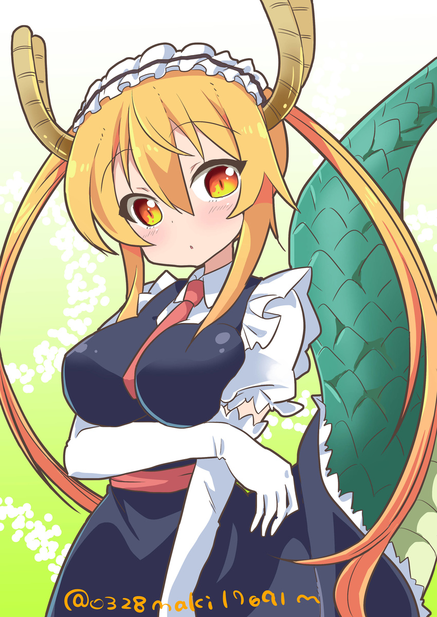 :o absurdres apron arm_across_waist between_breasts blonde_hair blush breasts commentary cowboy_shot dragon_girl dragon_tail elbow_gloves eyebrows_visible_through_hair frilled_apron frills gloves head_tilt highres horns impossible_clothes kazuta_(kazutan62) kobayashi-san_chi_no_maidragon large_breasts long_hair looking_at_viewer maid maid_apron maid_headdress necktie necktie_between_breasts puffy_short_sleeves puffy_sleeves raised_eyebrows sash short_sleeves sidelocks slit_pupils solo tail tooru_(maidragon) twintails twitter_username white_gloves yellow_eyes