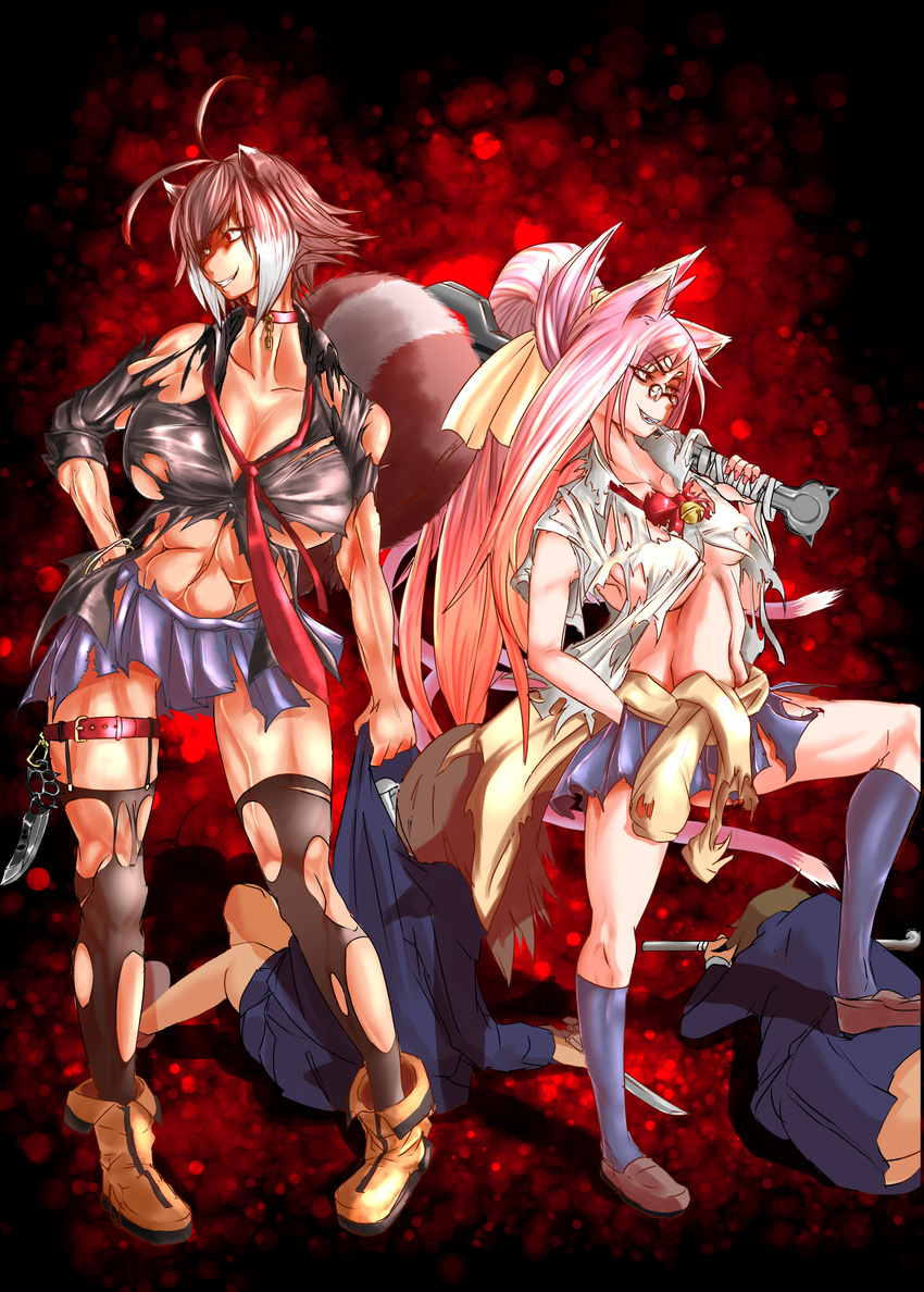 4girls abs ahoge animal_ears bell blazblue brass_knuckles breasts brown_hair cat_ears cat_tail choker clothes_around_waist defeated dragging evil_smile glasses gradient_hair grin jacket_around_waist knife kokonoe large_breasts lollipop long_hair makoto_nanaya midriff multiple_girls multiple_tails nontan_(nontanexx) pince-nez pink_hair ponytail red_eyes red_necktie ribbon school_uniform shirt shoes short_hair sideboob skirt small_breasts socks squirrel_tail tail thighhighs toned torn_clothes torn_shirt torn_skirt torn_thighhighs unconscious wrench