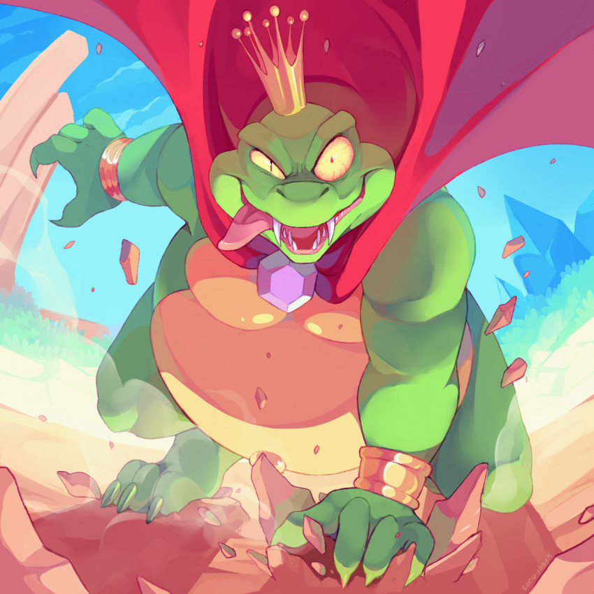 3_toes barefoot cape claws clothing crocodilian crown detailed donkey_kong_(series) fangs headgear king king_k_rool kneeling kremling looking_at_viewer male musclegut muscular navel nintendo nude open_mouth overweight overweight_male pecs pose red_eyes reptile royalty scalie sharp_claws sharp_teeth slit_pupils smile solo sonyshock teeth thick_thighs toe_claws toes tongue tongue_out video_games
