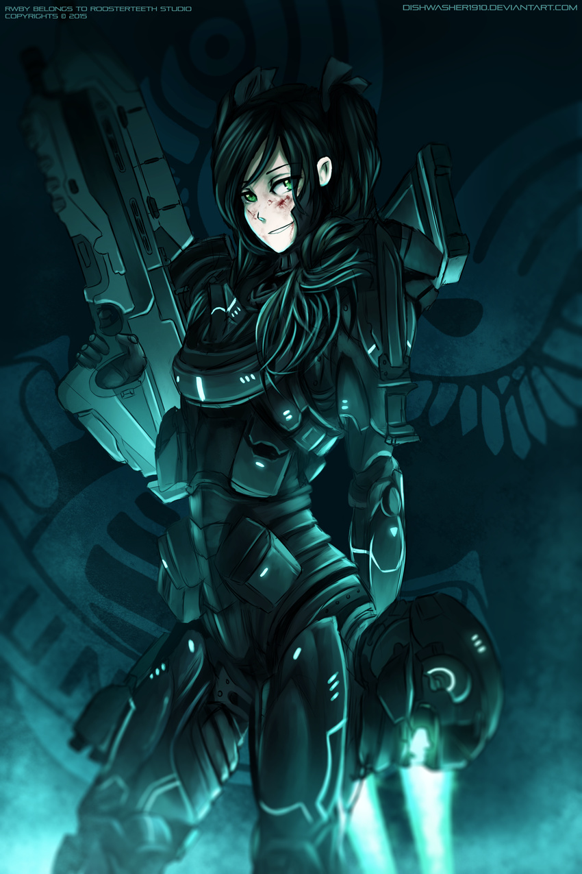 2015 absurdres alternate_eye_color alternate_hairstyle armor artist_name assault_rifle black_hair blood blood_on_face bullpup copyright_name dated dishwasher1910 green_eyes gun halo_(game) headwear_removed helmet helmet_removed highres looking_at_viewer ma5 neo_(rwby) parody rifle rwby smirk solo twintails watermark weapon web_address
