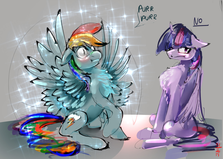 2016 alumx blue_feathers blue_fur blush cutie_mark duo english_text equine feathered_wings feathers female feral friendship_is_magic fur hair hi_res horn mammal multicolored_hair my_little_pony pegasus purple_eyes purple_feathers purple_fur rainbow_dash_(mlp) rainbow_hair text twilight_sparkle_(mlp) winged_unicorn wings