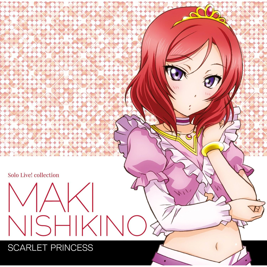 album_cover blush bracelet character_name collar cover crossed_arms earrings english frills hair_ornament highres jewelry looking_at_viewer love_live! love_live!_school_idol_project music_s.t.a.r.t!! navel necklace nishikino_maki purple_eyes red_hair short_hair short_sleeves simple_background solo tiara upper_body