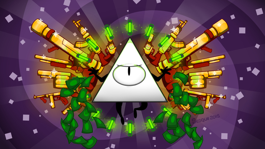 1_eye alien eye_of_providence floating gold_(metal) gun handgun male money mouthless purple_background radiation ranged_weapon sesquii_(artist) shiny simple_background solo sparkling stick_figure triangle weapon