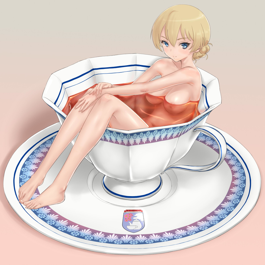 barefoot blonde_hair blue_eyes braid breasts collarbone cup darjeeling emblem feet girls_und_panzer highres legs looking_at_viewer medium_breasts minigirl navel nipples nude oversized_object partially_submerged rasukaru saucer short_hair smile solo st._gloriana's_(emblem) tea teacup tied_hair twin_braids