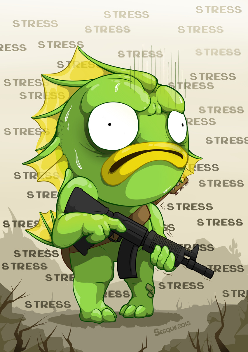 bandage fin fish fish_(nuclear_throne) frown green_skin guitar gun humanoid male marine musical_instrument ranged_weapon rifle sesquii_(artist) shaking signature stressed sweat text vlambeer weapon