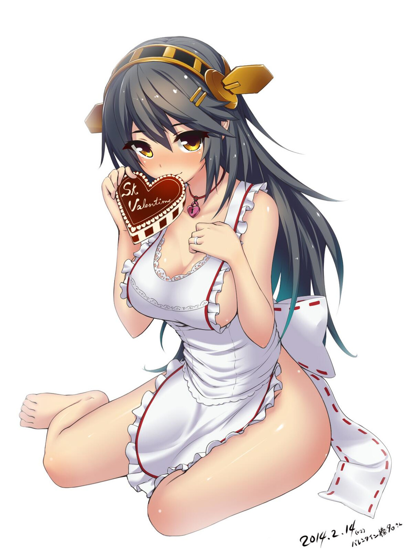 apron bangs bare_shoulders black_hair blush bow breasts brown_eyes chocolate cleavage commentary_request dangan_neko dated food frilled_apron frills hair_between_eyes hair_ornament hairband hairclip haruna_(kantai_collection) headgear heart-shaped_lock heart_lock_(kantai_collection) highres holding jewelry kantai_collection lace-trimmed_apron large_breasts long_hair looking_at_viewer naked_apron necklace ribbon ribbon-trimmed_ornament ribbon_trim ring shiny shiny_hair shiny_skin sideboob simple_background sitting smile solo thighs toes valentine white_background yokozuwari