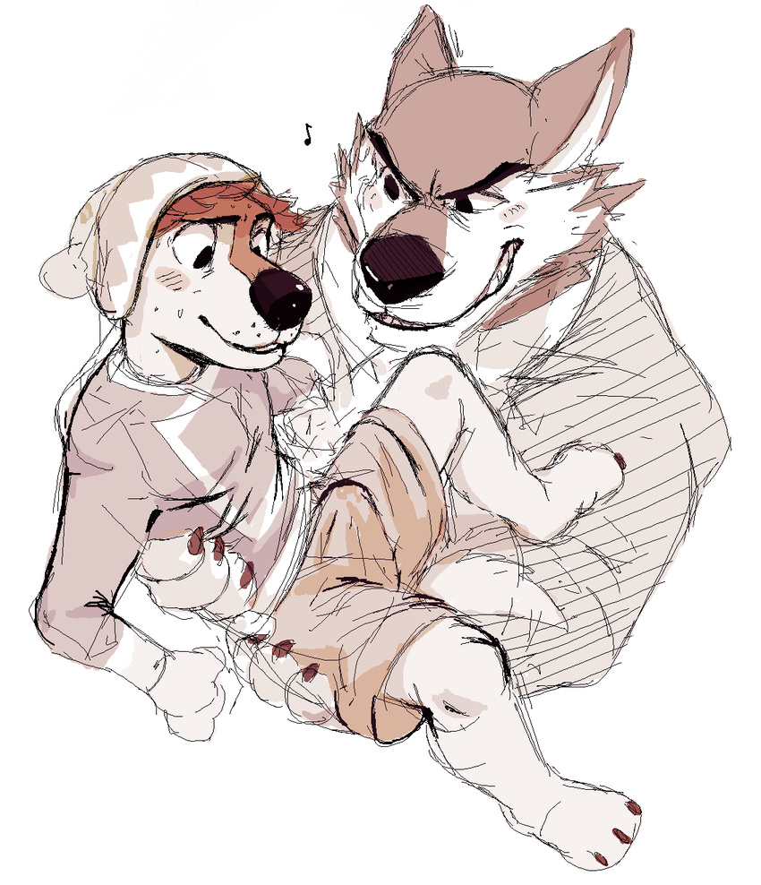 anthro barefoot beanie blush bodi canine clothing cradling dangpa dog duo grin hat lifted male male/male mammal monochrome musical_note rock_dog sharp_teeth shorts size_difference sketch sweat sweatdrop teeth tenting wet_spot wolf