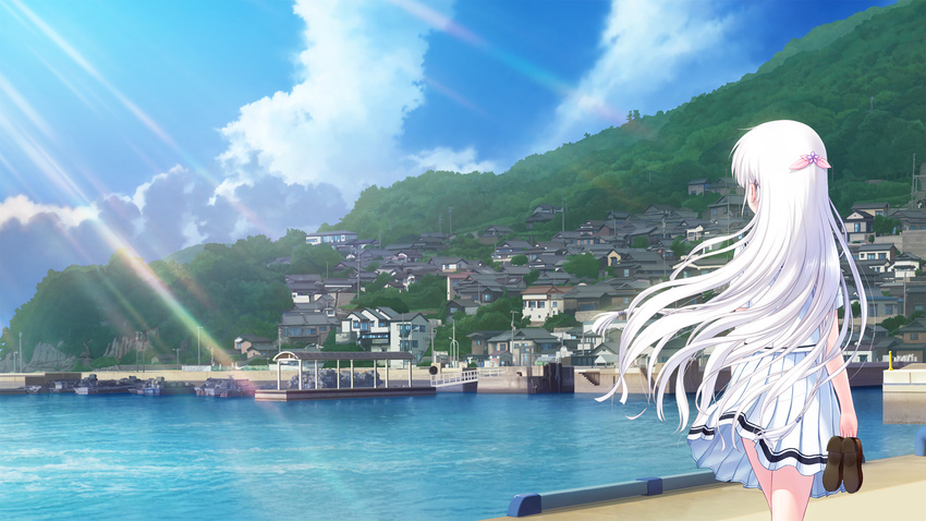 artist_request city day from_behind hair_ornament highres holding holding_shoes landscape long_hair ocean official_art outdoors pleated_skirt scenery school_uniform shirt shoes shoes_removed skirt solo summer_pockets sunlight white_hair white_shirt white_skirt