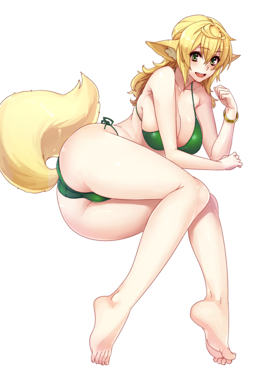 :d absurdres angelo_(gomahangetsu) animal_ears bare_legs bare_shoulders barefoot bikini blonde_hair bracelet breasts cleavage full_body green_bikini green_eyes hair_between_eyes highres jewelry kaori-san_(angelo) large_breasts long_hair lying on_side open_mouth original side-tie_bikini simple_background smile solo swimsuit tail thighs white_background