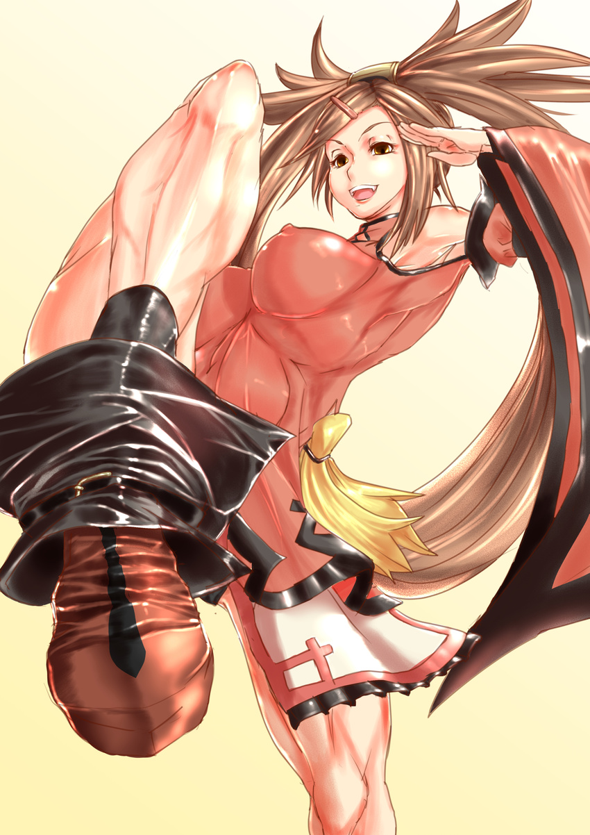 1girl armpit breasts brown_eyes brown_hair chinese_dress detached_sleeves erect_nipples fighting_stance guilty_gear hair_clip hair_ornament high_heel_boots kuradoberi_jam large_breasts leg_up long_hair nontan_(nontanexx) open_mouth red_skirt skirt smile thighs toned