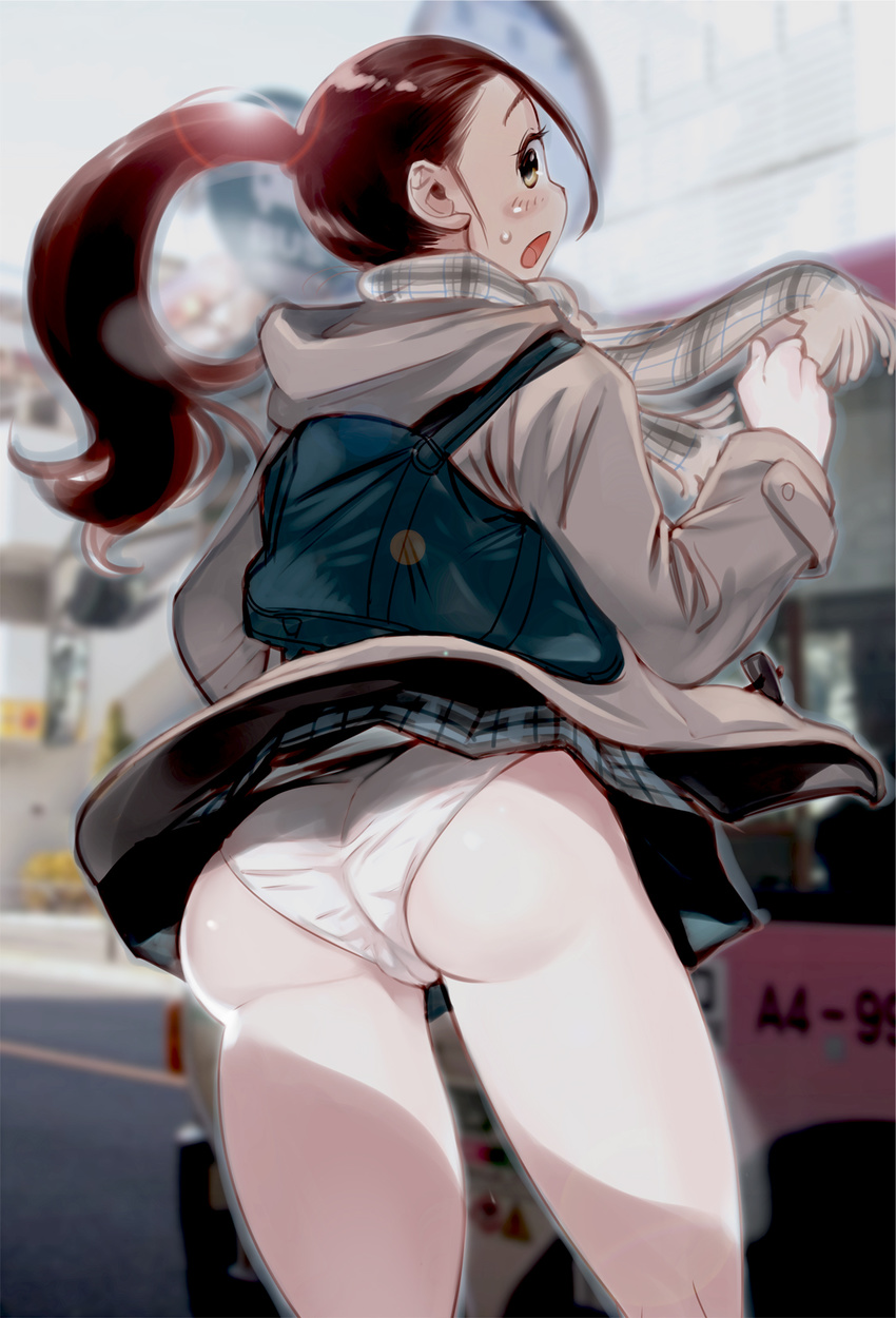 1girl ass backpack blush brown_eyes city dtym from_behind jacket long_hair looking_back looking_down open_mouth original panties ponytail red_hair scarf school_uniform shiny shiny_hair shiny_skin skirt solo underwear upskirt