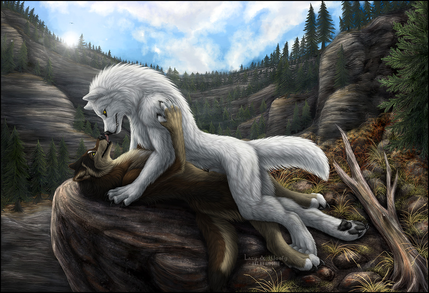 black_lips black_nose brown_fur canine claws day detailed_background detailed_fur duo eye_contact feral fur grass mammal moss nude outside paws river rock sidonie sky smile tree water white_fur wolf yellow_eyes