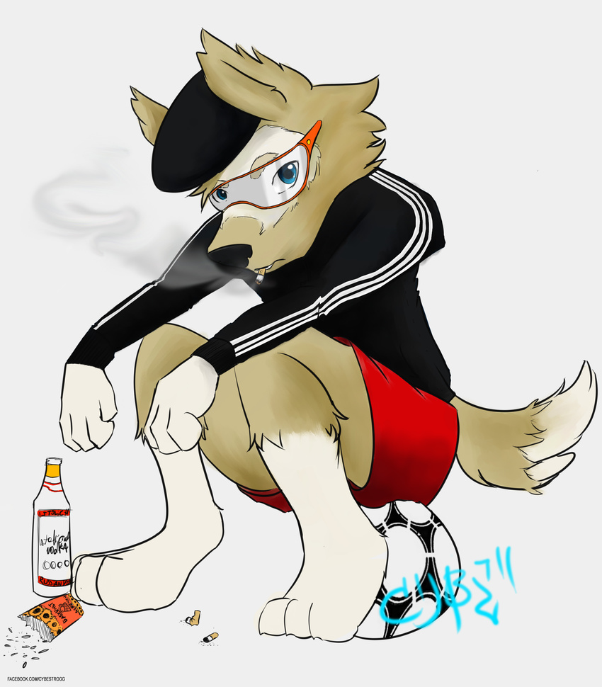 alcohol anthro ball beverage blue_eyes canine cigarette clothed clothing digital_media_(artwork) eyewear fifa fur goggles mammal mascot russia russian slav smoking soccer soccer_ball sport tracksuit vodka wolf zabivaka