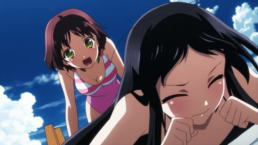 2girls accel_world afraid animated animated_gif bikini black_hair blush breasts kuroyukihime long_hair multiple_girls open_mouth red_eyes small_breasts surprised swimsuit