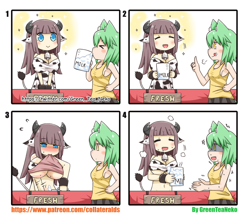 &gt;_&lt; 4koma absurdres animal_ears animal_print artist_self-insert bell blue_eyes blush_stickers breasts brown_hair cat_girl cleavage closed_eyes comic commentary commentary_request cow_ears cow_girl cow_print cow_tail cum cum_in_cup cumdrip cup dress dress_lift drinking english gokkun green_hair greenteaneko greenteaneko-chan hand_on_hip highres horns implied_futanari implied_masturbation mouth_hold multiple_girls original shaded_face shirt_in_mouth sideboob silent_comic skirt sparkle tail tongue trembling underboob yellow_eyes