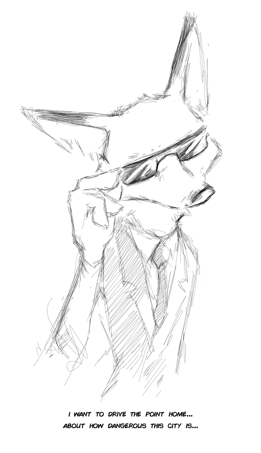 2016 absurd_res alpha_channel anthro black_and_white canine clothed clothing dialogue disney eyewear fox half-length_portrait hi_res male mammal monochrome necktie nick_wilde outline portrait simple_background solo suit sunglasses thewyvernsweaver translucent transparent_background zootopia