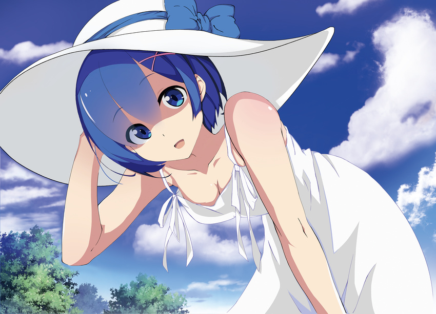 1girl bare_shoulders bent_over blue_eyes blue_hair blue_ribbon blue_sky breasts cleavage cloudy_sky collarbone dress eyebrows_visible_through_hair eyes_visible_through_hair hair_ornament hairclip highres holding_hat looking_at_viewer medium_breasts open_mouth re:zero_kara_hajimeru_isekai_seikatsu rem_(re:zero) short_hair sleeveless solo sundress trees white_dress white_hat