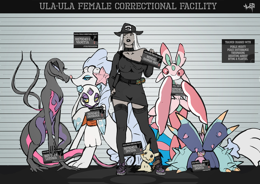 2016 ambiguous_gender anthro belt blue_eyes blue_sclera breasts cleavage clothed clothing dress english_text female feral flat_chested footwear froslass grey_skin group hair half-closed_eyes hat human legwear looking_at_viewer lurantis mammal marine mimikyu nintendo pink_sclera pok&eacute;ball pok&eacute;mon primarina salazzle semi-anthro shoes signature simple_background slit_pupils starfish stockings text thekite toxapex video_games white_hair white_skin yellow_sclera ♀