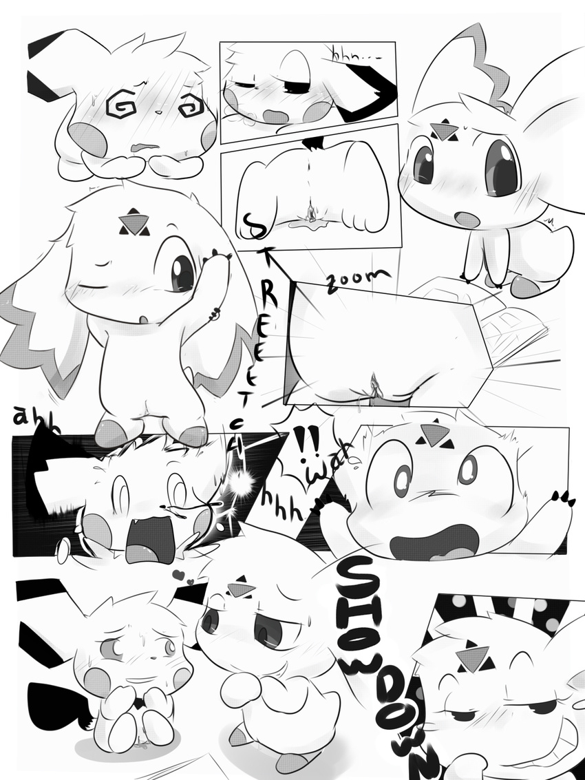 &lt;3 blush calumon clyndemoon comic crossover digimon duo female feral fur green_eyes half-closed_eyes hi_res mammal monochrome nintendo one_eye_closed open_mouth pichu pok&eacute;mon pussy pussy_juice rodent simple_background text tongue video_games white_background wink yellow_fur