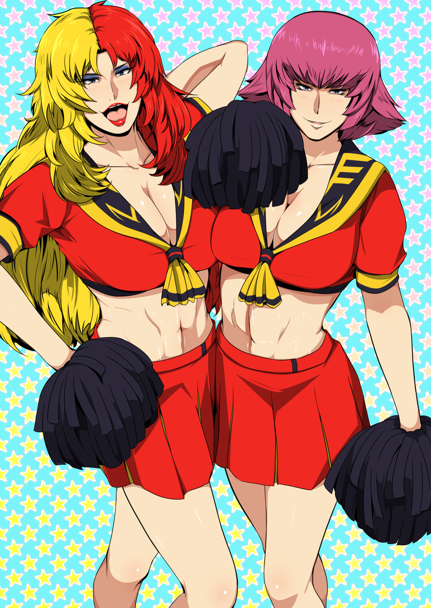 2girls bare_legs blue_eyes breasts chara_soon cheerleader cleavage gundam gundam_zz gureko_rouman haman_karn highres large_breasts legs long_hair looking_at_viewer makeup midriff multicolored_hair multiple_girls navel open_mouth parted_lips pink_hair pom_poms red_skirt short_hair simple_background skirt smile standing thighs