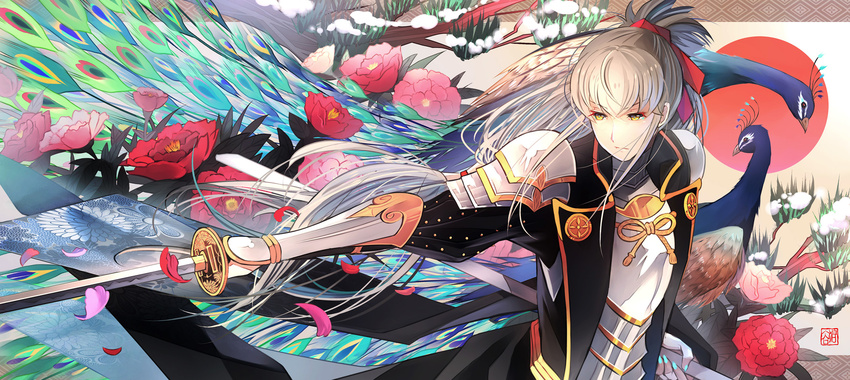 alternate_costume armor artist_name bird fire_emblem fire_emblem_if flower grey_hair highres kariya_(mizore) katana leaf long_hair male_focus nail_polish peacock petals ponytail solo sword takumi_(fire_emblem_if) tree upper_body weapon yellow_eyes