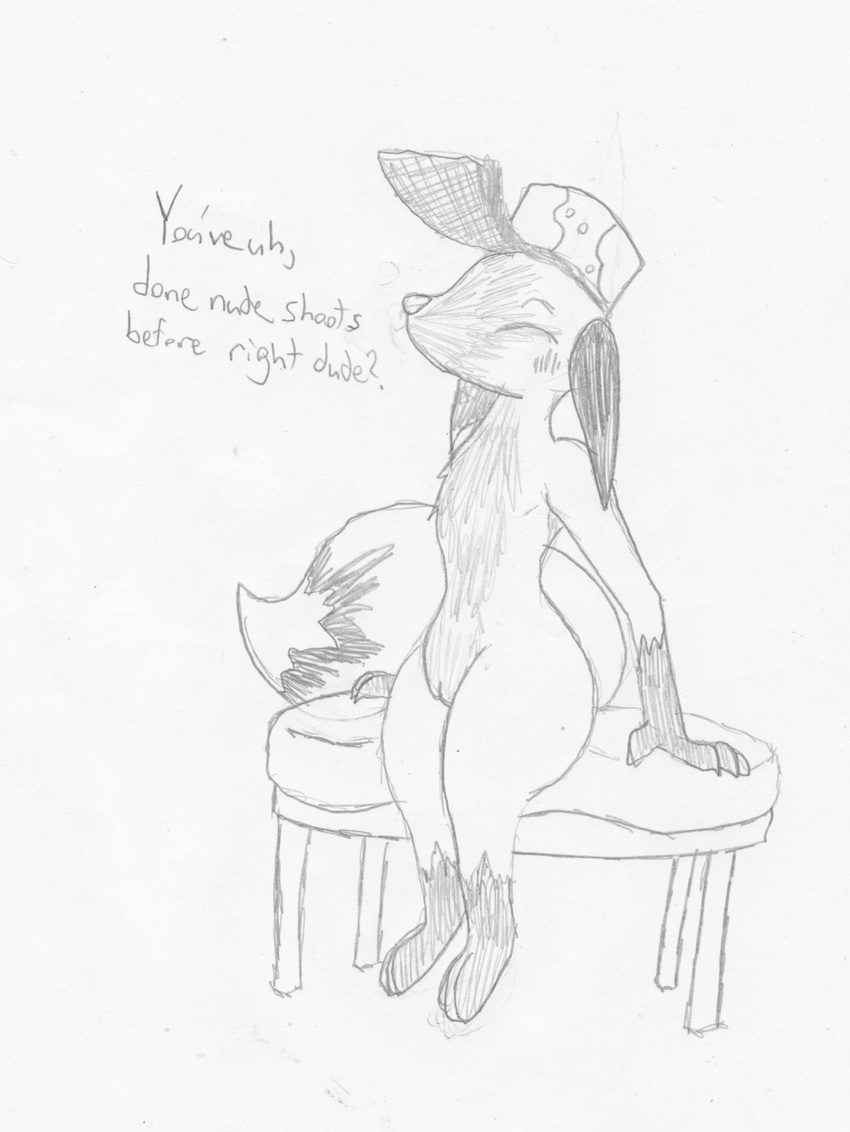 2016 anthro ask-jigsaw black_and_white blush canine disney english_text eyes_closed fan_character female fox grey_fox hat mammal monochrome mostly_nude nude patch_houston pussy side_view simple_background sitting solo text white_background zootopia