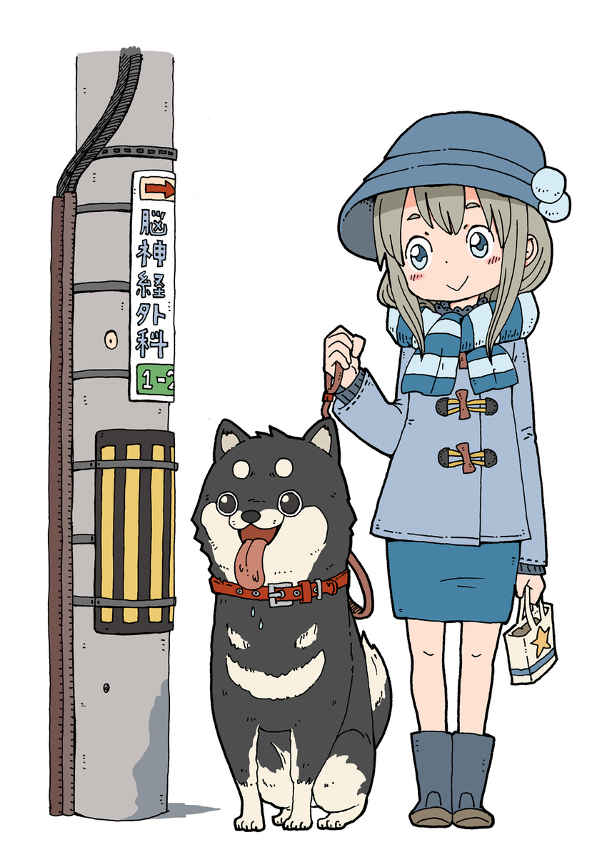 :&gt; :d animal bag black_eyes black_footwear blue_coat blue_eyes blue_footwear blue_hat blue_scarf blue_skirt blush boots cable coat collar directional_arrow dog dog_collar dog_lead dog_walking full_body grey_hair hat heckling highres holding holding_bag holding_leash knee_boots leash long_sleeves looking_at_another open_mouth original pole power_lines saliva scarf shiba_inu sidelocks sign simple_background sitting skirt smile standing star striped striped_scarf tareme tongue tongue_out white_background yukimoto_shuuji_(gurigura)