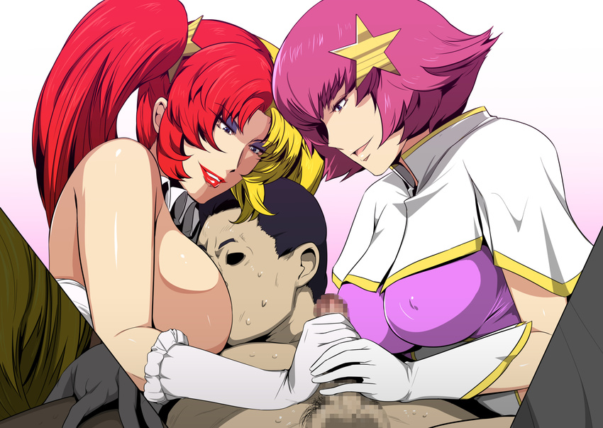 2girls absurdres bare_shoulders blue_eyes breast_sucking breasts breasts_outside censored chara_soon clothed_female_nude_male cosplay double_handjob erect_nipples gloves gundam gundam_zz gureko_rouman haman_karn handjob highres large_breasts lipstick long_hair looking_down lying makeup mosaic_censoring multicolored_hair multiple_girls parted_lips penis pink_hair short_hair simple_background smile sweat white_gloves