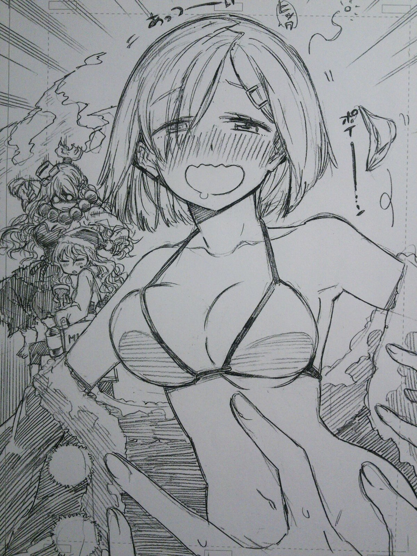 =_= aura bare_shoulders bikini blush bottle bottomless bouncing_breasts breasts christmas cleavage commentary convenient_censoring cosplay cup dark_aura drinking_glass drooling drunk eyes_visible_through_hair fire gouki gouki_(cosplay) graphite_(medium) greyscale groin hair_ornament hairclip hamakaze_(kantai_collection) hat highres kantai_collection kojima_takeshi large_breasts long_hair long_sleeves monochrome multiple_girls navel no_panties out-of-frame_censoring panties partially_translated pola_(kantai_collection) removing_jacket santa_costume santa_hat shaded_face short_hair shun_goku_satsu street_fighter sweatdrop swimsuit topknot traditional_media translation_request underwear wavy_hair wavy_mouth wine_bottle wine_glass zara_(kantai_collection)