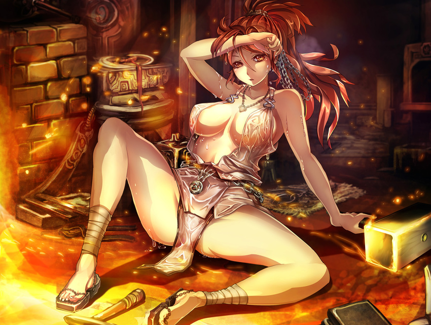 ankle_wrap anvil arm_support bare_arms bare_shoulders blacksmith blush breasts brown_eyes chain commentary covered_nipples fire geta hammer large_breasts loincloth long_hair looking_at_viewer original parted_lips ponytail red_hair revealing_clothes sandals sideboob sitting solo spread_legs suoni_(deeperocean) sweat wet wet_clothes wiping_forehead wiping_sweat