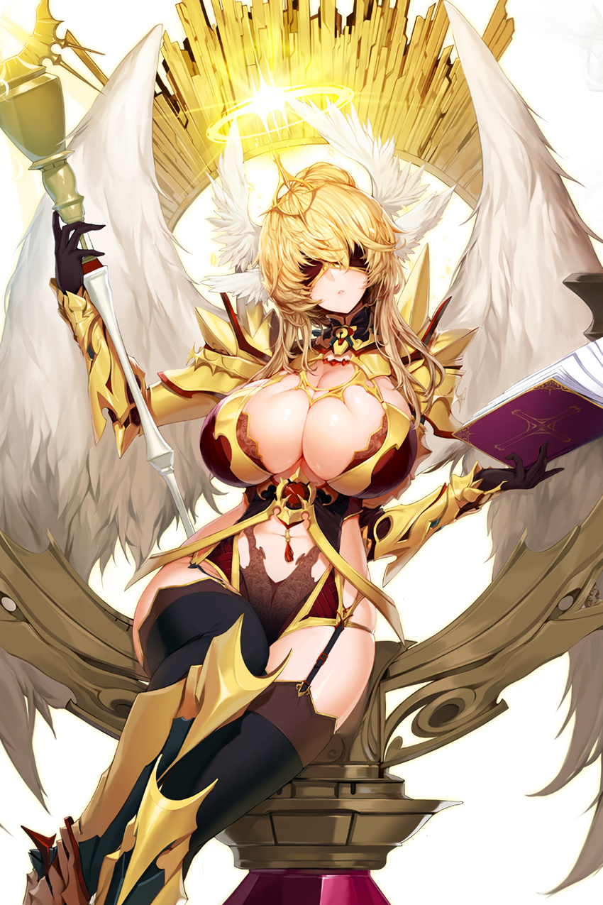 angel_wings armor black_legwear blindfold blonde_hair book boots breasts cleavage closed_mouth feet_out_of_frame garter_straps gloves halo halterneck highres huge_breasts knee_boots light long_hair revealing_clothes sitting snowball22 soccer_spirits solo staff thighhighs transparent_background white_guardenia wings