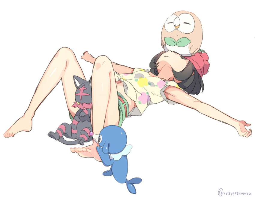barefoot beanie between_legs black_hair creature_on_head gen_7_pokemon hat kanro_ame_(ameko) litten lying mizuki_(pokemon) on_back outstretched_arms pokemon pokemon_(creature) pokemon_(game) pokemon_sm popplio red_hat rowlet shirt short_hair simple_background spread_arms tied_shirt white_background