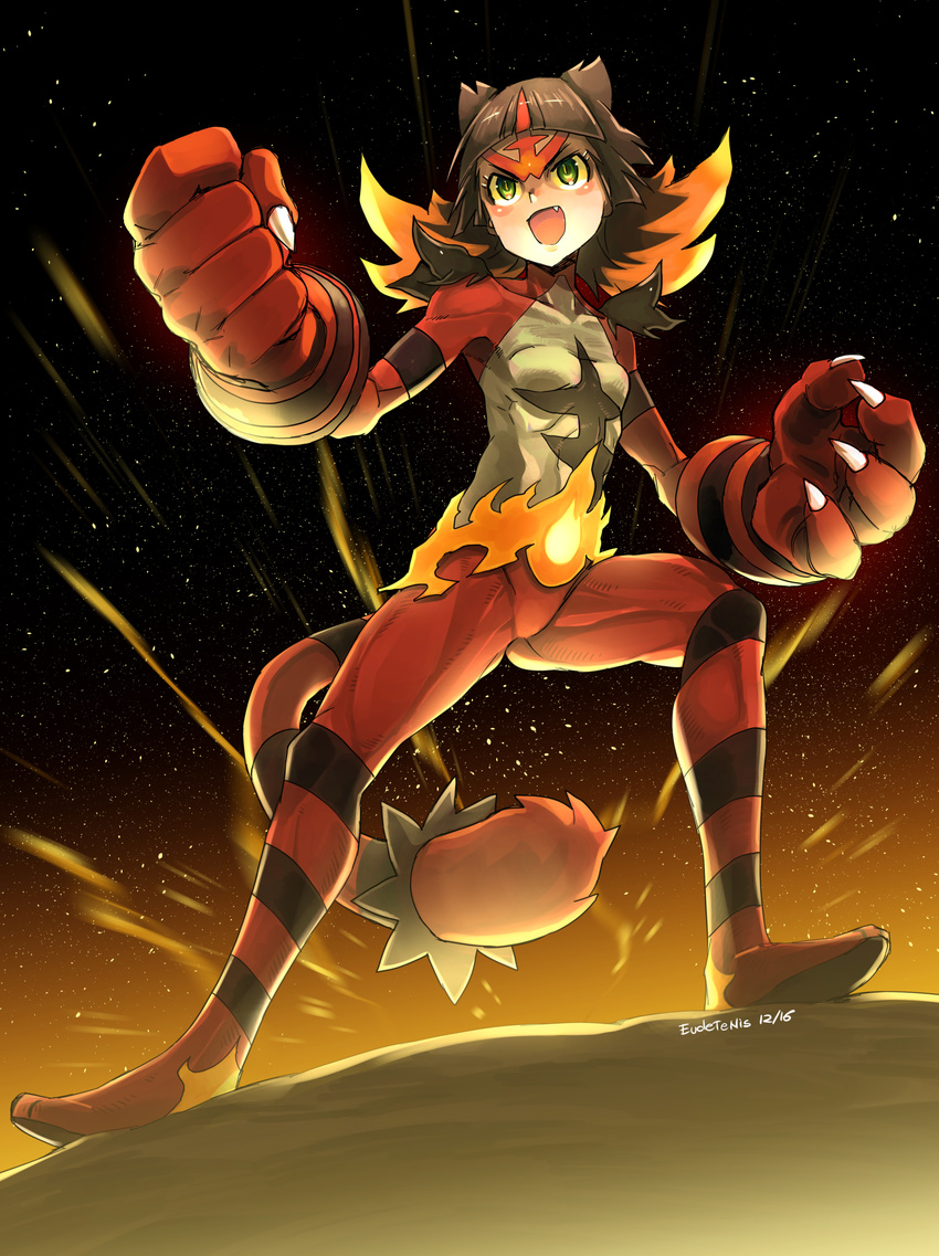 :d armpits artist_name bangs belt blonde_hair blunt_bangs blush_stickers breasts brown_hair claws clenched_hand collarbone dated eudetenis facial_mark fang fighting_stance full_body gen_7_pokemon glowing glowing_hands green_eyes groin hands_up highres incineroar legs_apart looking_away looking_up multicolored_hair night night_sky open_mouth paws personification pokemon red_hair ribs rock signature sky slit_pupils small_breasts smile solo standing star_(sky) starry_sky tail tiger_girl tiger_tail two-tone_hair v-shaped_eyebrows yellow_sclera