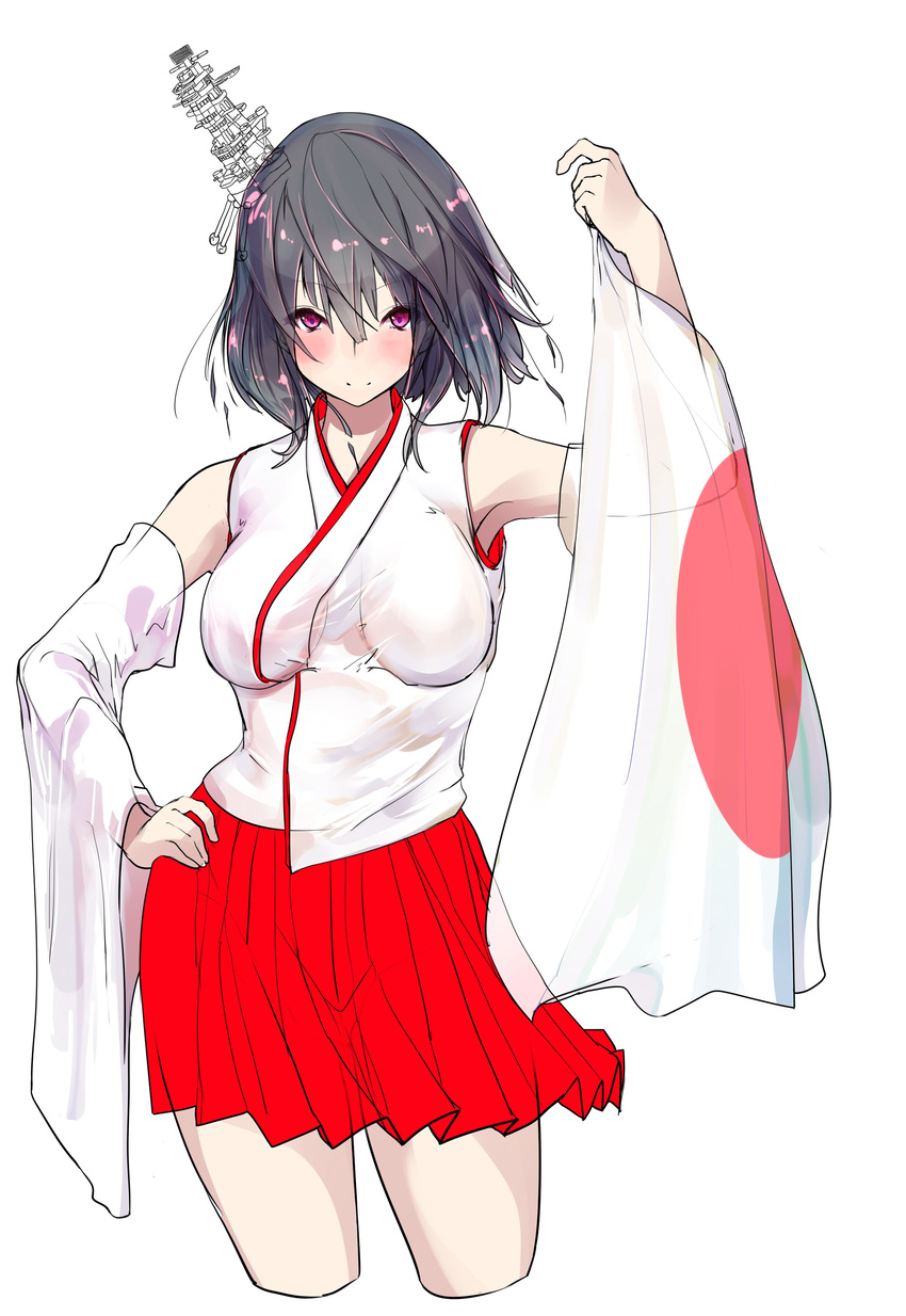 absurdres arm_up black_hair blush breasts commentary detached_sleeves eyebrows_visible_through_hair flag hair_between_eyes hair_ornament hand_on_hip highres holding holding_flag japanese_clothes japanese_flag kantai_collection large_breasts looking_at_viewer nontraditional_miko pleated_skirt purple_eyes red_skirt see-through short_hair simple_background sketch skirt smile solo unfinished white_background wide_sleeves yamashiro_(kantai_collection) yuky_(cassis_powder)