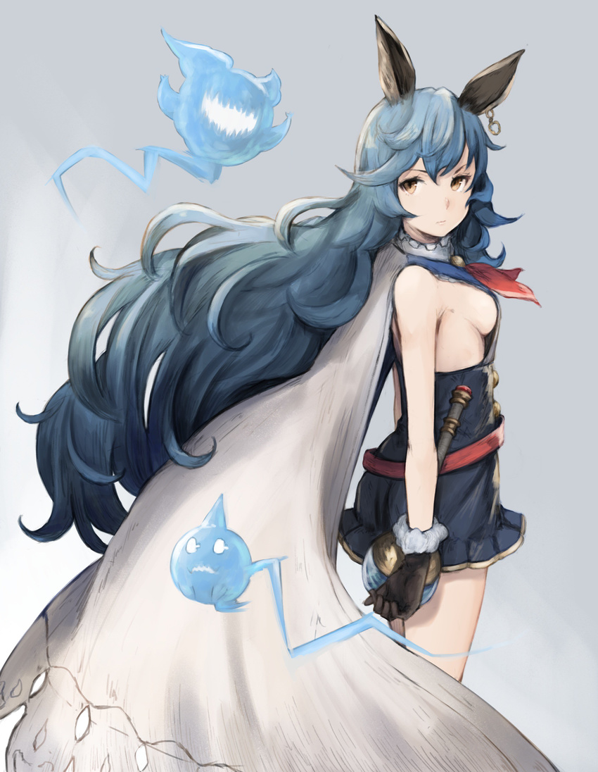 absurdres animal_ears backless_dress backless_outfit backlighting bad_id bad_twitter_id bangs black_gloves breasts cape dress ear_piercing erune ferry_(granblue_fantasy) from_side fur_trim gloves gradient gradient_background granblue_fantasy grey_background hair_between_eyes highres koretsuki_azuma long_hair looking_at_viewer looking_to_the_side no_bra piercing reflective_eyes ribbon short_dress sideboob sleeveless sleeveless_dress small_breasts solo spirit thighs very_long_hair white_cape yellow_eyes