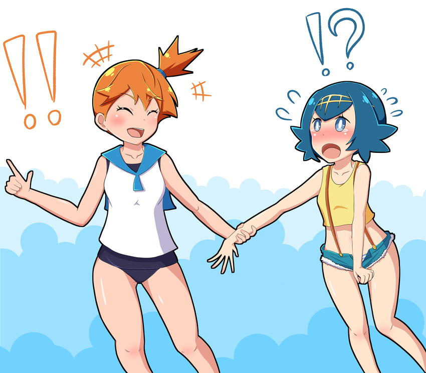 !? 2girls absurdres blue_hair blue_sailor_collar cosplay costume_switch cutoffs flying_sweatdrops highres kasumi_(pokemon) kasumi_(pokemon)_(cosplay) multiple_girls orange_hair panties pokemon pokemon_(anime) pokemon_sm_(anime) sailor_collar sarujie_(broken_monky) school_swimsuit side_ponytail striped striped_panties suiren_(pokemon) suiren_(pokemon)_(cosplay) suspenders swimsuit swimsuit_under_clothes underwear