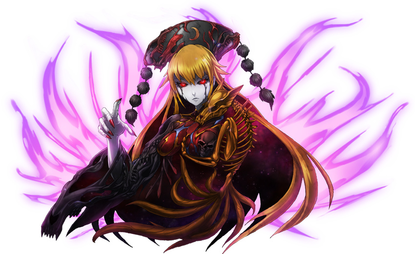 &gt;:( bangs black_sclera chinese_clothes closed_mouth commentary_request crescent energy fox fox_tail frown hat junko_(touhou) long_hair long_sleeves looking_at_viewer mazeran monster_girl nail_polish orange_hair pale_skin parody persona red_eyes red_nails skeleton solo tabard tail touhou transparent_background upper_body v-shaped_eyebrows wide_sleeves