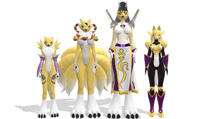 2016 3d_(artwork) alpha anthro antrum armor belly black_sclera blue_eyes boots breasts bridal_gauntlets canine clothing digimon digital_media_(artwork) featureless_crotch female footwear fox fur gauntlets gloves grey_background hector2689 kyubimon lock mammal mmd mostly_nude nipple_bulge nude renamon sakuyamon simple_background single solo taomon totem visor white_belly white_fur yellow_fur