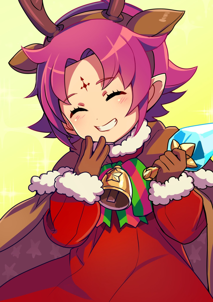 1girl antlers bell bow brown_gloves cape eyes_closed fa facial_mark fire_emblem fire_emblem:_fuuin_no_tsurugi fire_emblem_heroes forehead_mark fur_trim gloves grin highres kokouno_oyazi long_sleeves mamkute nintendo pointy_ears purple_hair reindeer_antlers short_hair simple_background smile solo upper_body yellow_background