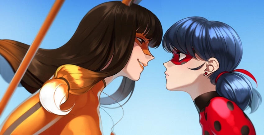 aconitea animal_ears blue_background blue_eyes blue_hair blurry bodysuit brown_eyes brown_hair depth_of_field domino_mask earrings eye_contact fox_ears from_side hair_ribbon jewelry ladybug_(character) lila_rossi lipstick looking_at_another makeup marinette_dupain-cheng mask miraculous_ladybug multiple_girls orange_lipstick pendant polka_dot ribbon smile twintails volpina