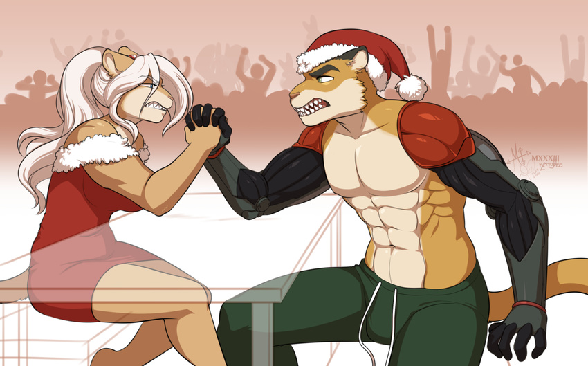 anthro arm_wrestling christmas clenched_teeth clothed clothing cybernetics duo feline female hat holidays kittydee machine male mammal muscular santa_hat sitting teeth