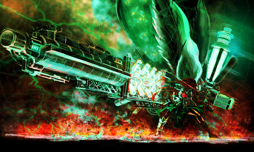 aiming alternate_weapon arm_cannon armored_core_5 artist_name aura black_hair black_legwear black_wings bow breasts cape character_name commentary_request dated death2990 debris energy engine epic fire floating_hair galaxy giga_cannon glowing glowing_eye green_bow green_skirt ground_shatter gun hair_bow highres holding huge_weapon kneehighs large_wings light_trail lightning long_hair medium_breasts metal_boots mismatched_footwear motion_blur puffy_short_sleeves puffy_sleeves red_eyes reiuji_utsuho serious short_sleeves sideways_glance single_kneehigh skirt solo space star_(sky) thighs third_eye touhou ultimate_weapon_(armored_core) weapon wings