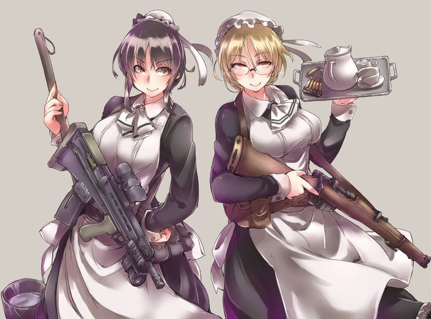 ammunition ammunition_pouch apron ascot ayyh bangs belt belt_pouch black_hair blonde_hair blush bow bowtie breasts brown_eyes bucket buckle bullet cartridge clip_(weapon) cowboy_shot cup dress eyebrows_visible_through_hair frilled_dress frills glasses grey_background gun hair_between_eyes hair_ornament hand_up highres holding holding_gun holding_tray holding_weapon long_sleeves looking_at_viewer looking_away maid maid_apron maid_cap medium_breasts multiple_girls plate pouch red_eyes ribbon rifle saucer shell_casing short_hair sidelocks simple_background skirt smile strap tea tea_set teacup teapot tray water weapon white_bow