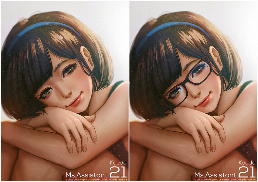 2015 2016 bangs black-framed_eyewear blue_hairband brown_hair character_name closed_mouth copyright_name crossed_arms eyebrows eyelashes fingernails glasses green_eyes hairband kaede_(ms.assistant) lipstick looking_at_viewer magion02 makeup mole mole_under_eye ms.assistant multiple_views nose original parted_bangs red_lipstick short_hair upper_body variations