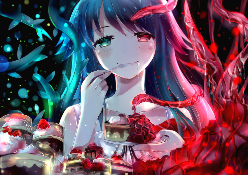 blush cake collarbone drooling eating food fruit green_eyes green_hair hair_flaps hand_up head_tilt heterochromia highres holding holding_plate holding_spoon kuuhaku light_particles long_hair looking_at_viewer plate pudding red_eyes saya saya_no_uta sketch slice_of_cake smile solo split_image split_theme spoon spoon_in_mouth strawberry tentacles upper_body