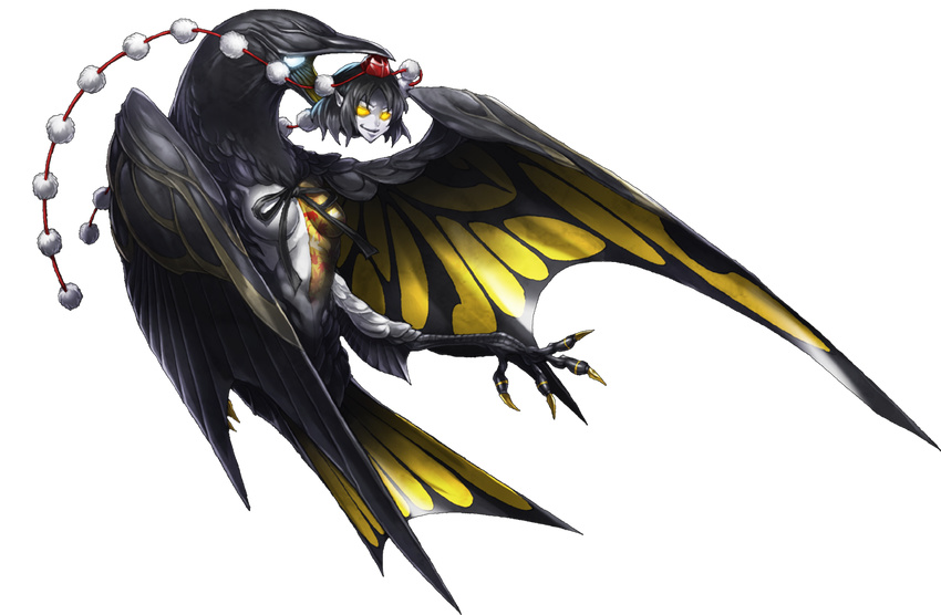 bird black_hair commentary_request crow cthulhu_mythos disembodied_head full_body hastur hat leaf-pattern_stripe mazeran monster_girl pale_skin parody parted_lips persona pointy_ears pom_pom_(clothes) shameimaru_aya short_hair smile tokin_hat touhou transparent_background yellow_eyes
