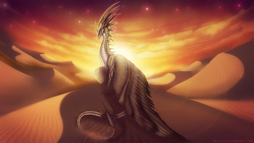 detailed_background dragon dunes feathered_wings feathers female horn muzafr neytirix nude purple_eyes sand sky smooth_horn solo twilight wings